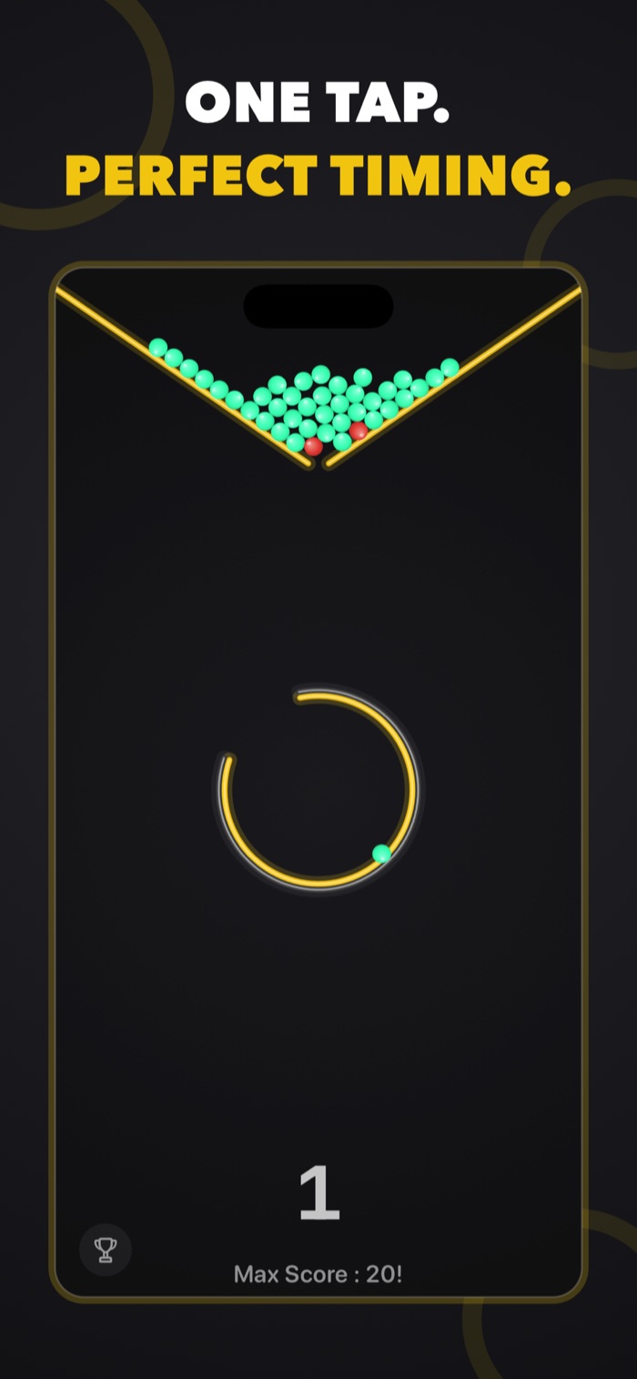 GapTap gameplay showing the funnel full of balls above a spinning neon ring, with the score below