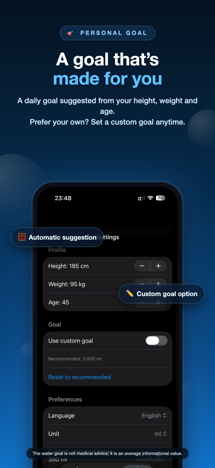 H2O Go settings screen where height, weight, age and a custom daily goal can be set