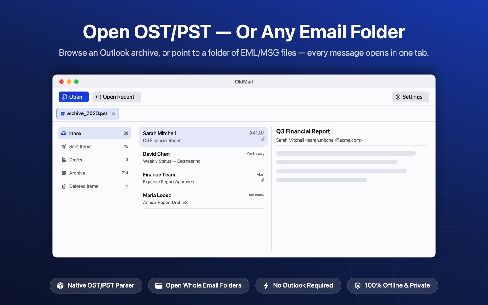 OldMail showing a PST archive in a tab, with a folder tree, message list and reading pane