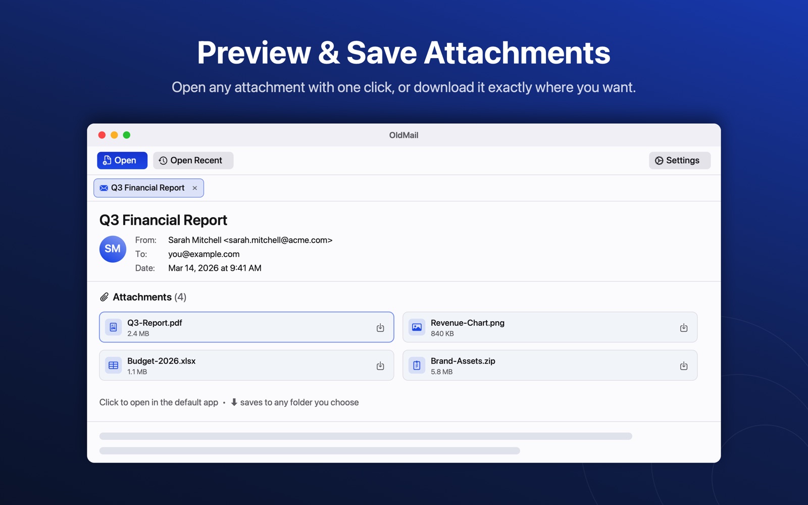 Attachment cards in OldMail showing file-type icons for PDF, image and archive files