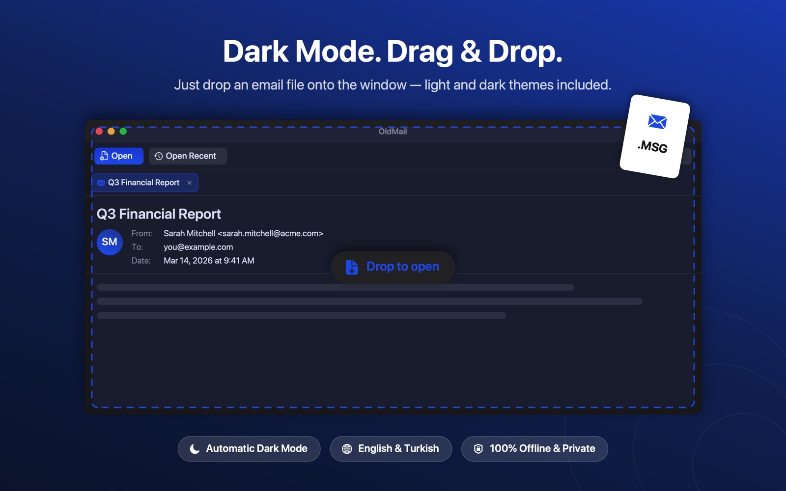 OldMail in dark mode with a drag and drop overlay reading Drop to open