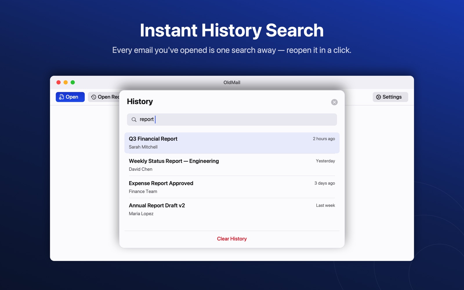 OldMail history panel with a search field and a list of recently opened emails