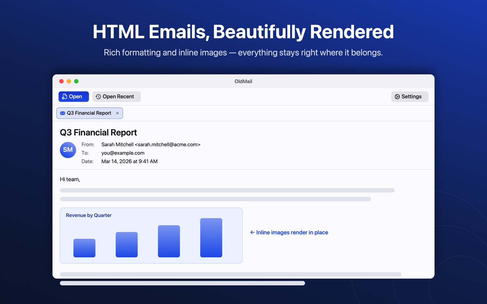 An HTML email rendered in OldMail with its original styling and inline graphics