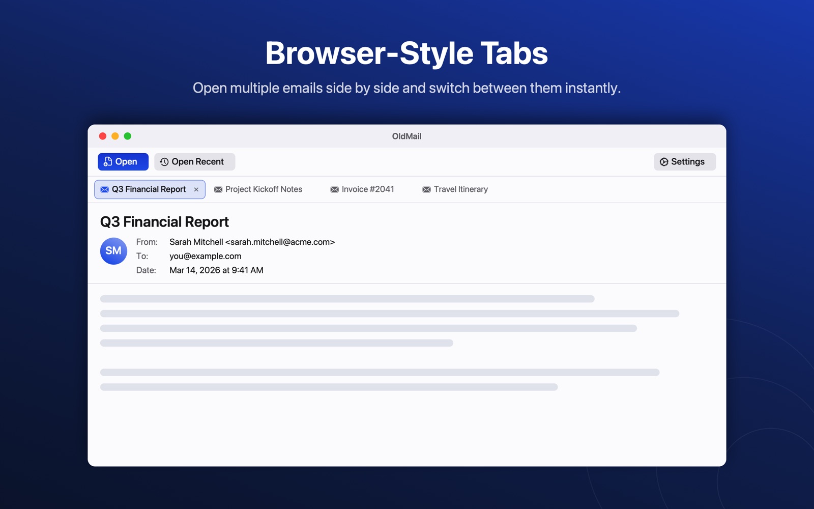 OldMail window with four email files open in separate tabs